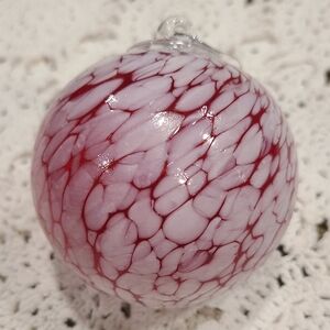 Art Glass Orb Ball Ornament Cranberry And White Swirls